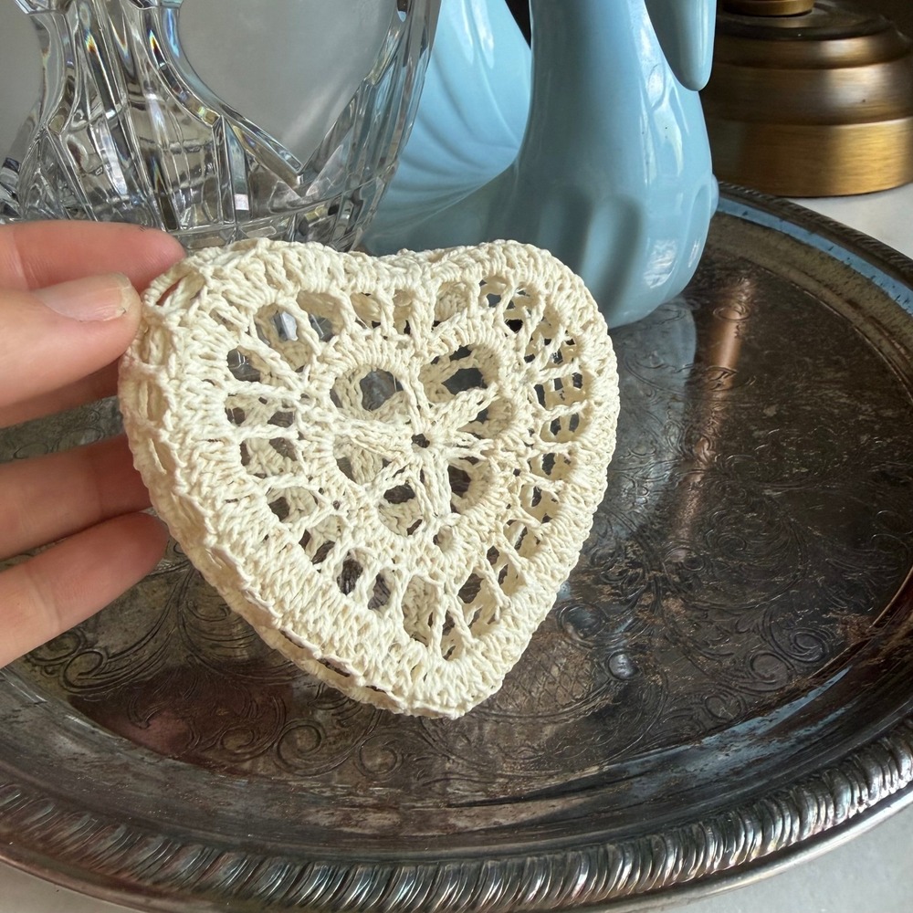 Handmade Crochet Heart Trinket Box Cream Stiffened Dish Vintage Style